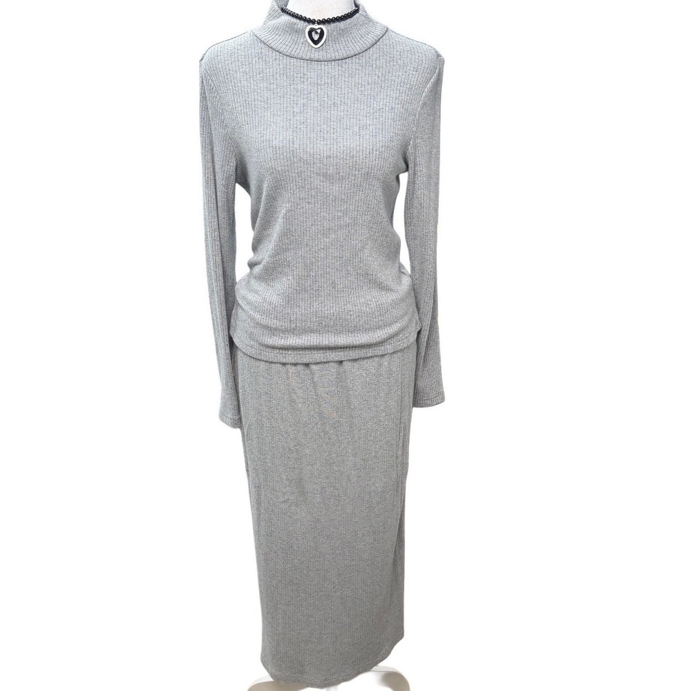 Grey Ribbed Knit 2 Pc Set Mock Neck Top Midi Skirt Medium Minimalist Scandi‎ CBK